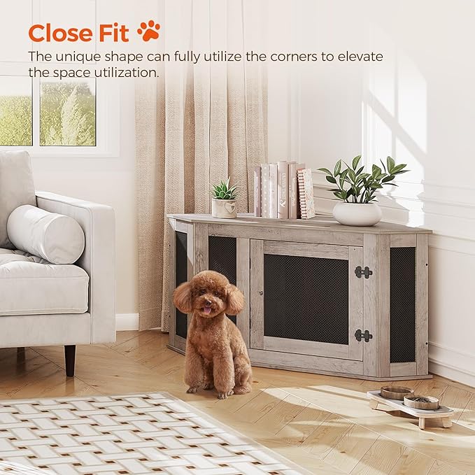 MAHANCRIS Corner Dog Crate Furniture, Wooden Dog Kennel End Table, Decorative Pet Crate Indoor Use, Furniture Style Dog House for Small Medium Dog, Dog Cage TV Stand, Greige and Black DCHG0801
