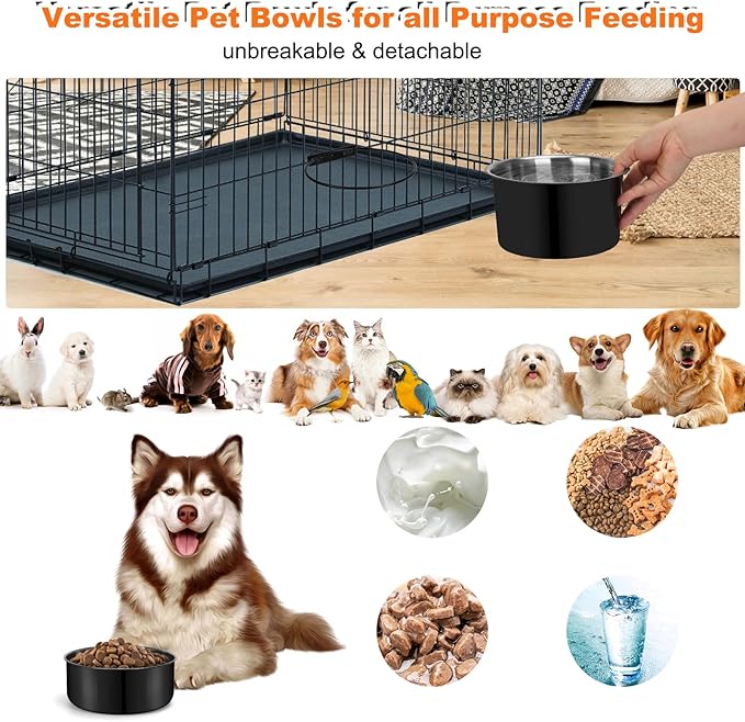 Kennel Water Bowl Hanging, 2 Pack Stainless Steel Dog Bowls for Crate No Spill, Large Pet Cage Bowls for Medium/Large Dog Cat Rabbit Ferret Guinea Pig