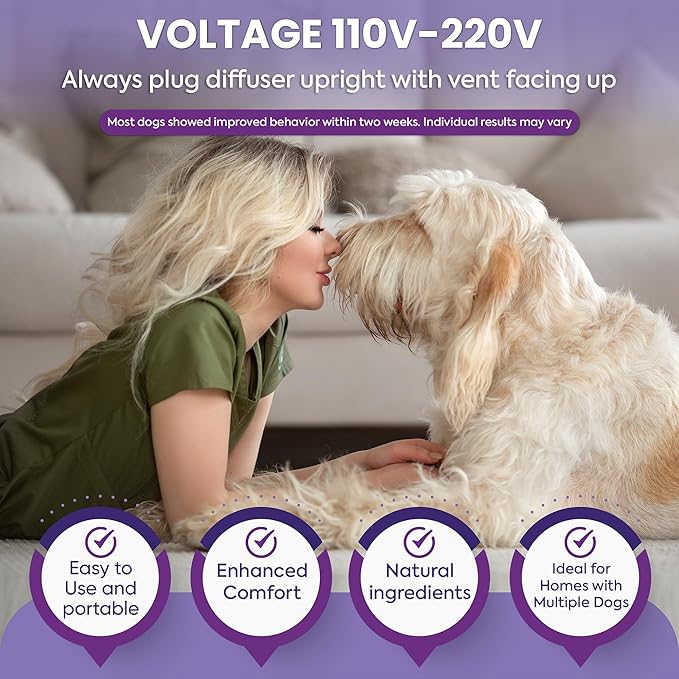TopSum Calming Diffuser for Dog: Dog Pheromones Calming Diffuser Plug for Stress, Barking, Chewing, Pee Accidents & Separation Behaviors (Purple– 4 Refills)
