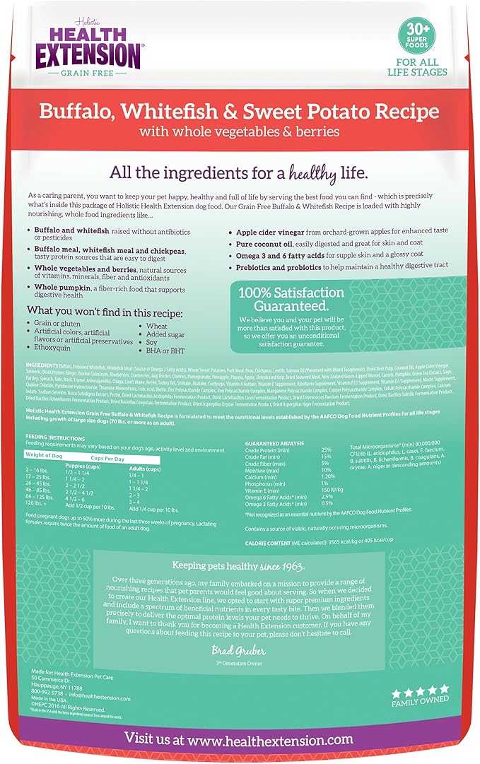 Health Extension Grain Free Buffalo & Whitefish Dry Dog Food - 30+ Superfoods and Probiotics for All Life Stages (23.5 lb)