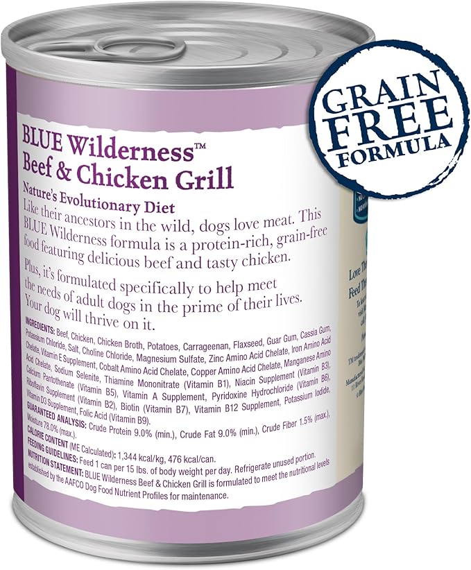 Blue Buffalo Wilderness Adult Wet Dog Food,High-Protein & Grain-Free,Made with Natural Ingredients,Beef & Chicken Grill,12.5-oz Cans,(Pack of 24)