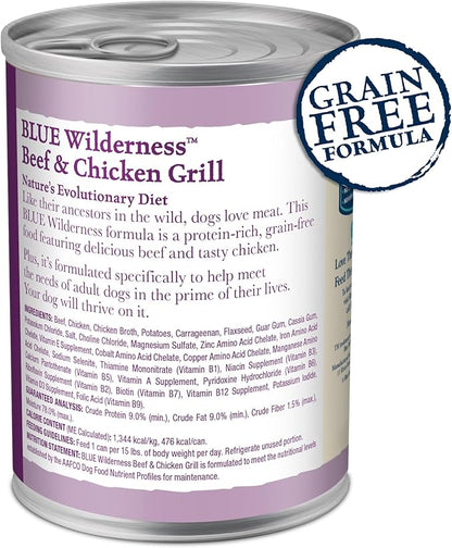 Blue Buffalo Wilderness Adult Wet Dog Food,High-Protein & Grain-Free,Made with Natural Ingredients,Beef & Chicken Grill,12.5-oz Cans,(Pack of 24)
