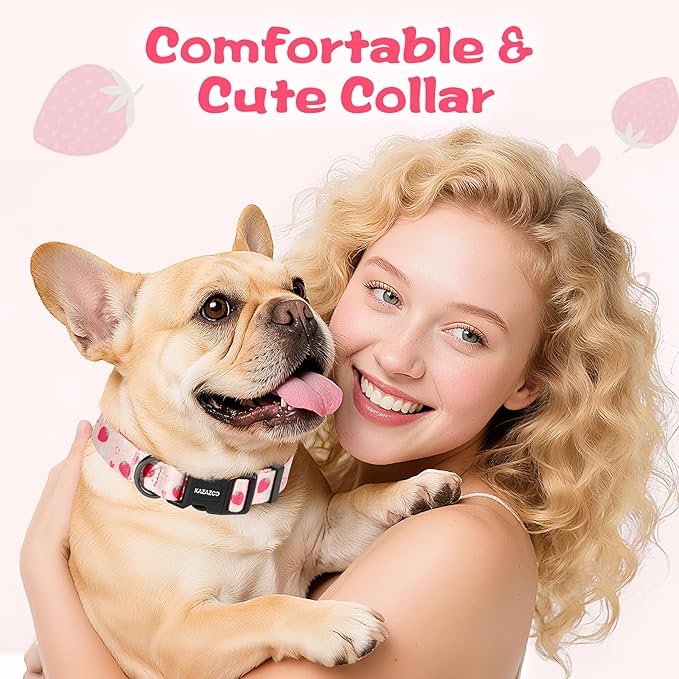 Kazazoo Dog Collar Cute and Soft Nylon Puppy Collar Girl, Adjustable Dog Collars for Medium Large Dogs, Strawberry-L