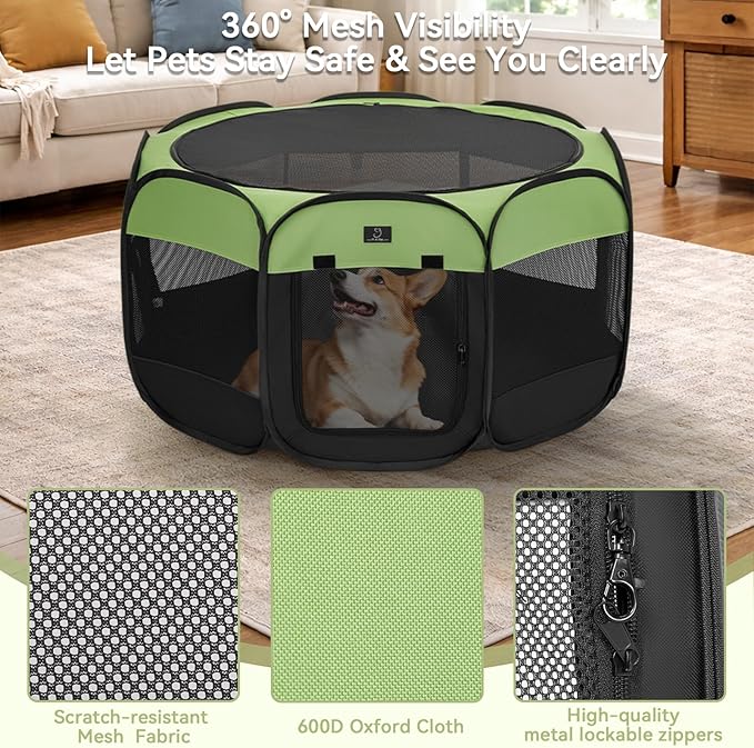 Dog Playpen for Small Dogs & Puppies, 40.55" Portable Indoor Outdoor Puppy Playpen with Bowl, Waterproof Floor, Foldable Pop-Up Pet Pen for Home, Travel & Daily Use, Green+Black