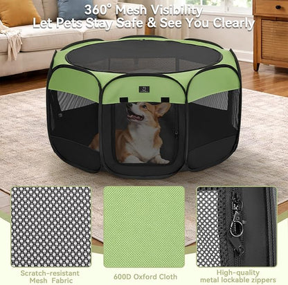 Dog Playpen for Small Dogs & Puppies, 29.92" Portable Indoor Outdoor Puppy Playpen with Bowl, Waterproof Floor, Foldable Pop-Up Pet Pen for Home, Travel & Daily Use, Green+Black