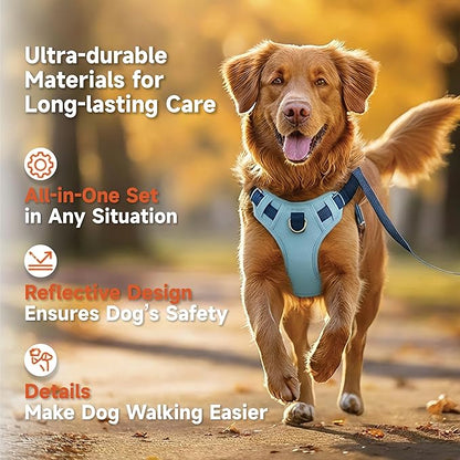 3 in 1 No Pull Dog Harness Leash and Collar Set, Soft Adjustable Dogs Vest Reflective and Comfortable Handle Blue Medium