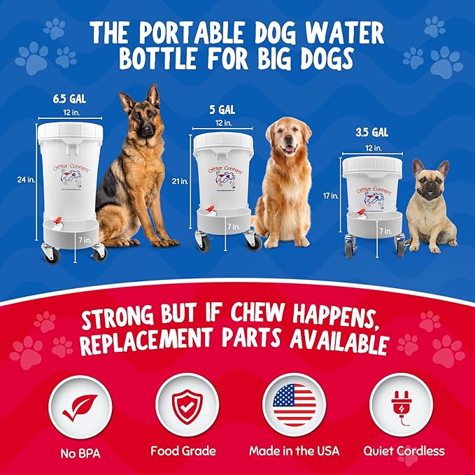 Gravity Water Bowls for Dogs: 6.5 Gallons! Pet Gravity Water Dispenser. Quiet, BPA Free, No Rust, Made in USA. Ideal for Daycares and Multi Pet Busy Parents. Automatic Fountain for Cats