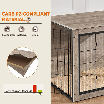Yaheetech 32'' Dog Crate Furniture, Side End Table w/Cushion, Double Doors, Adjustable Feet, Wooden Kennel Cage for Small/Medium Dogs, Indoor Outdoor