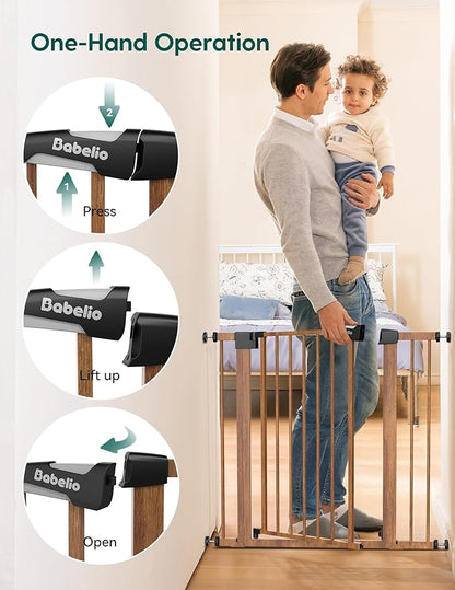 Mom's Choice Award Winner, Babelio 26-40" Metal Baby Gate with Wood Pattern, PressGuard C5 Easy Install Pressure Mounted Dog Gate for Stairs and Doorways, with Wall Protectors and Extension Kits