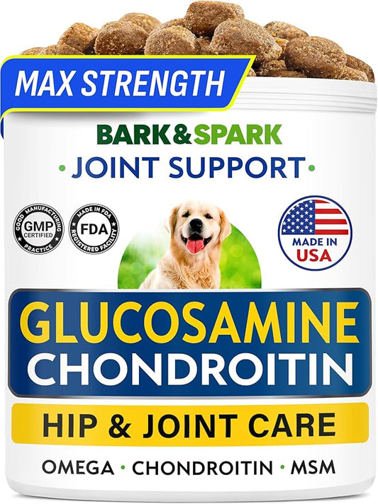 BARK&SPARK Glucosamine Chondroitin Dog Hip & Joint Supplement - Joint Pain Relief - Hip & Joint Chews - Joint Support Large Small Breed - Senior Doggie Vitamin Pill Joint Health (120 Treats - Bacon)