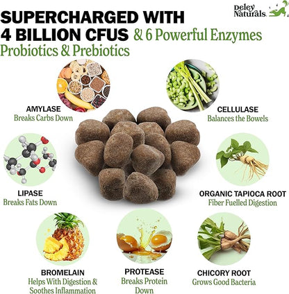 Deley Naturals Dog Probiotic Chews - 4 Billion CFU Probiotics for Dogs with Digestive Enzymes & Prebiotics - Grain Free Soft Chews for Gut Health & Digestive Support - 120 Chicken Chews Made in USA