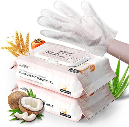 IMMHABI 50 Pcs Cleaning Deodorizing Pet Glove Wipes for Dogs & Cats, Hypoallergenic Dog Bath Wipes with Natural Deodorizer Persimmon Tannin, Pet Bathing Wipes for Horse Coat Care Coconut Scent
