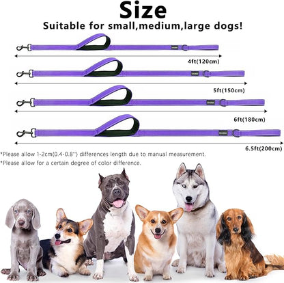 Dog Leash 6.5ft Long, Double Handle Dog Leash for Safety Control Training, Heavy Duty Dog Leads with Traffic Padded Handles, Reflective Leashes for Small Medium Large Dogs(6.5ft, Purple)