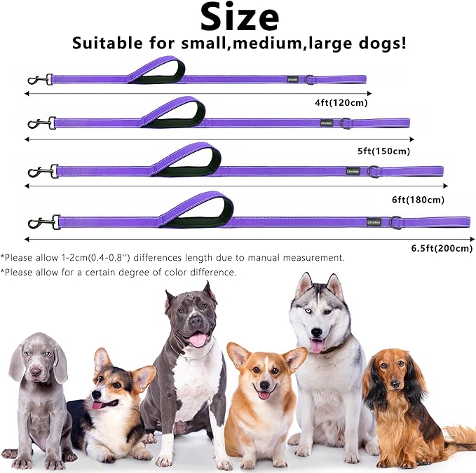 Dog Leash 6ft Long, Double Handle Dog Leash for Safety Control Training, Heavy Duty Dog Leads with Traffic Padded Handles, Reflective Leashes for Small Medium Large Dogs(6ft, Purple)
