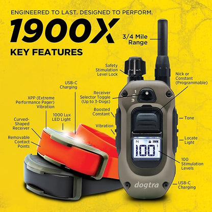 Dogtra 1900X 2-Dogs E-Collar with Remote [New Edition] 35 lbs+, 3/4 Mile Range, LED Light, 100 Levels Control for Stubborn Dogs, Waterproof, Boost for Quick Recall, Vibration, Safety Lock & Tone