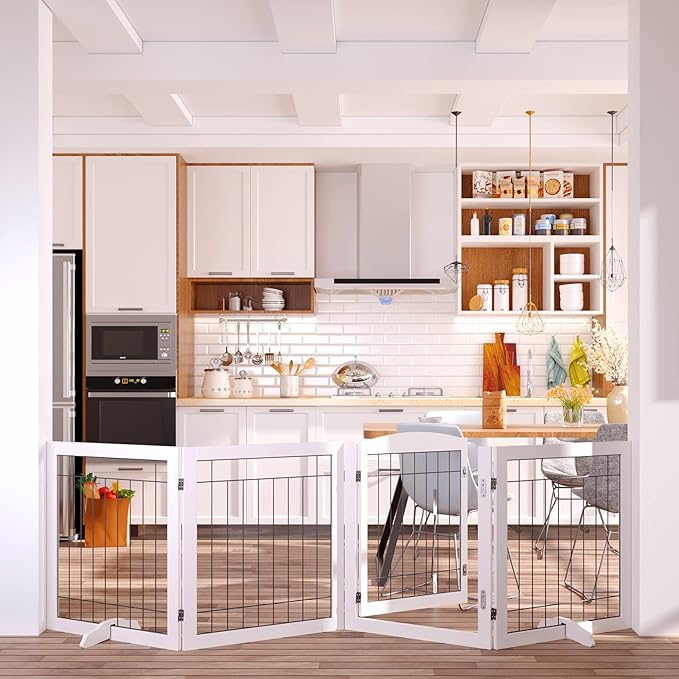 Vantas Folding Pet Gate 96" Wide, 30" Tall No-Assembly Wooden Dog Gate with Door Walk Through, Freestanding Wire Pet Puppy Safety Fence, with 2PCS Support - White