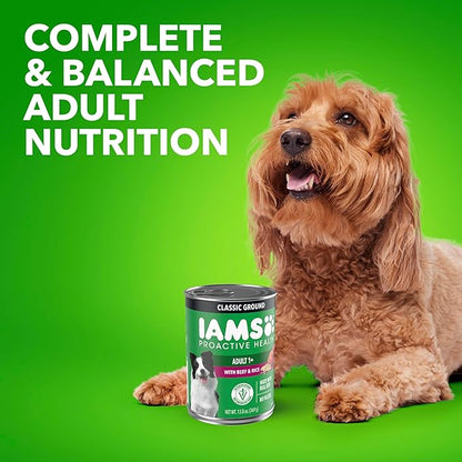 IAMS Proactive Health Wet Dog Food, Adult Wet Dog Food Multipack Ground Dinner, Beef & Rice, 13 oz. Cans (Pack of 12)
