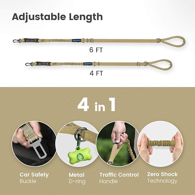 IOKHEIRA Multifunctional Dog Leash - 4-6 FT Strong Bungee, Car Seatbelt Compatible, Army Green