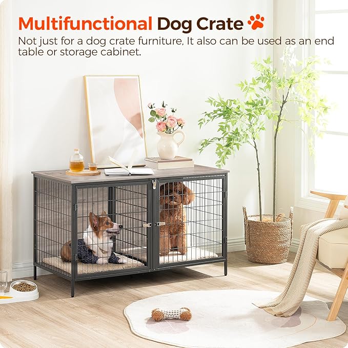MAHANCRIS Dog Crate Furniture for 2 Dogs, 43.3" Dog Kennel with Removable Divider, Heavy Sturdy Dog Furniture Style Double Cage for Small Medium Dog, Indoor Pet House End Table, Greige DCHG1201