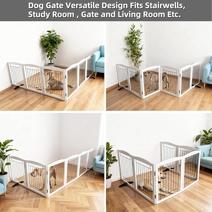ZJSF Freestanding Dog Fence Indoor, Foldable Dog Gate for Doorways, Stairs or Hallways, Sturdy Wood Extra Wide Pet Gate with Support Feet for The House, White, 24 "Height-6 Panels