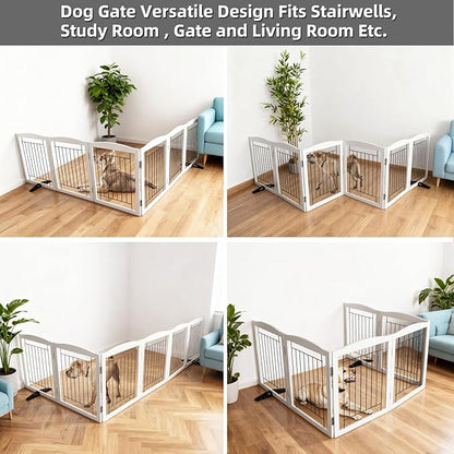ZJSF Freestanding Dog Fence Indoor, Foldable Dog Gate for Doorways, Stairs or Hallways, Sturdy Wood Extra Wide Pet Gate with Support Feet for The House, White, 24 "Height-6 Panels