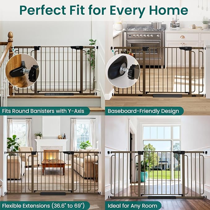 Cumbor 29.7-51.5" Baby Gate 2 Pack (Brown) & 36.6-69" Extra Wide Dog Gate (Brown) for Stairs, Doorways & Hallways