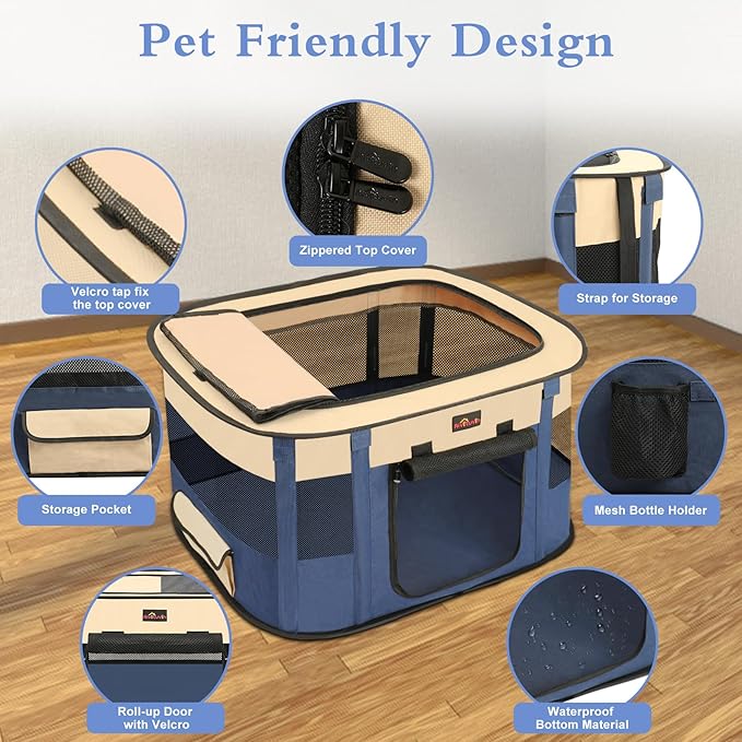 Dog Playpen, Pet Playpen, Foldable Kitten cage Puppy Play Pen, Portable Dog Kennel Tent Crate, Indoor Outdoor Travel Camping Use for Small Animals with Carrying Case (Blue XL)