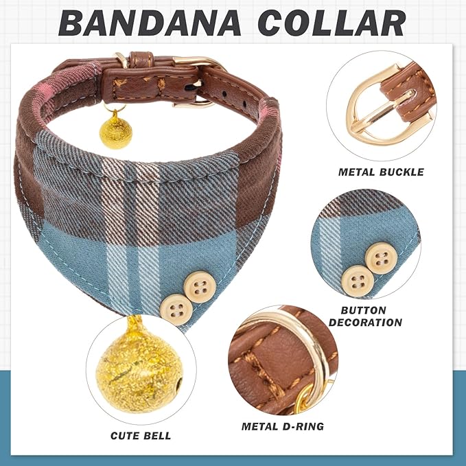 EXPAWLORER Dog Collar Bandana Set - Classic Plaid Dog Bow Tie and Bandana Collar with PU Leather, Adjustable Collars for Small Medium Large Dogs Cats, Holiday Ideal Gift, Blue S
