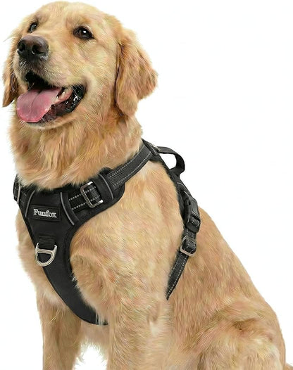 Funfox Dog Harness for Large Dog No Pull, Adjustable Pet Vest Harness, Vertical Handle Easy Control with 2 Leash Clips, Reflective Safe Night Walking for Small Medium Large Size, Black, L