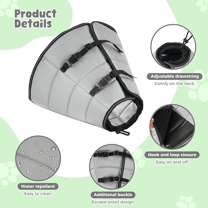 Avont Dog Cone Alternative, Adjustable Soft Comfy Foldable E Cones for Medium Large Dogs After Surgery, Escape-Proof Elizabethan Collar for Surgical Wound Recovery Stop Licking -Grey(M)