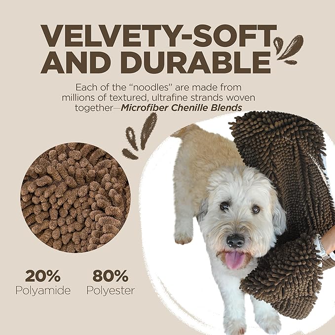 Soggy Doggy Super Shammy Dog Towel – Absorbent Microfiber Chenille Pet Towel for Drying Wet Dogs, Paws, Quick Dry Dog Shammy with Hand Pockets, Machine Washable – Chocolate/Oatmeal Trim, 31” x 14”