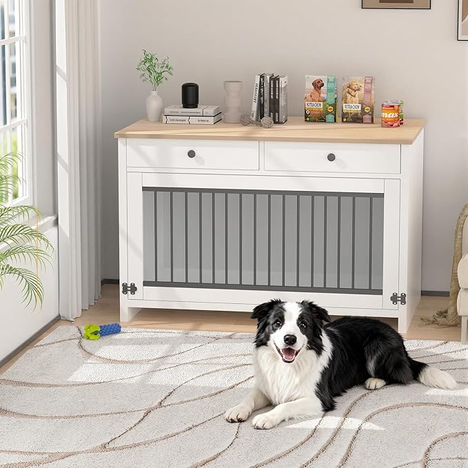 40" Dog Crate Furniture with 2 Large Storage Drawers, Wooden Dog Kennel End Table for Medium & Small Dogs, Decorative Indoor Pet Crate Sideboard with Heavy Duty Metal Bars & Secure Lock, White