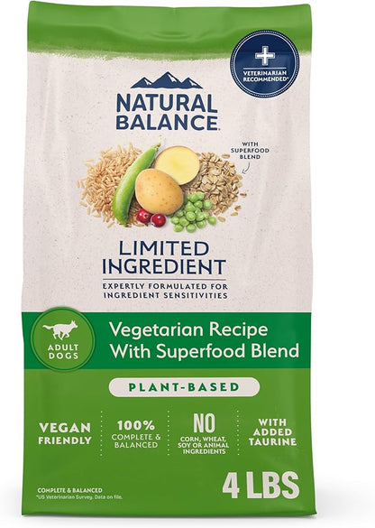 Natural Balance Limited Ingredient Adult Dry Dog Food with Vegan Plant Based Protein and Healthy Grains, Vegetarian Recipe, 4 Pound (Pack of 1)