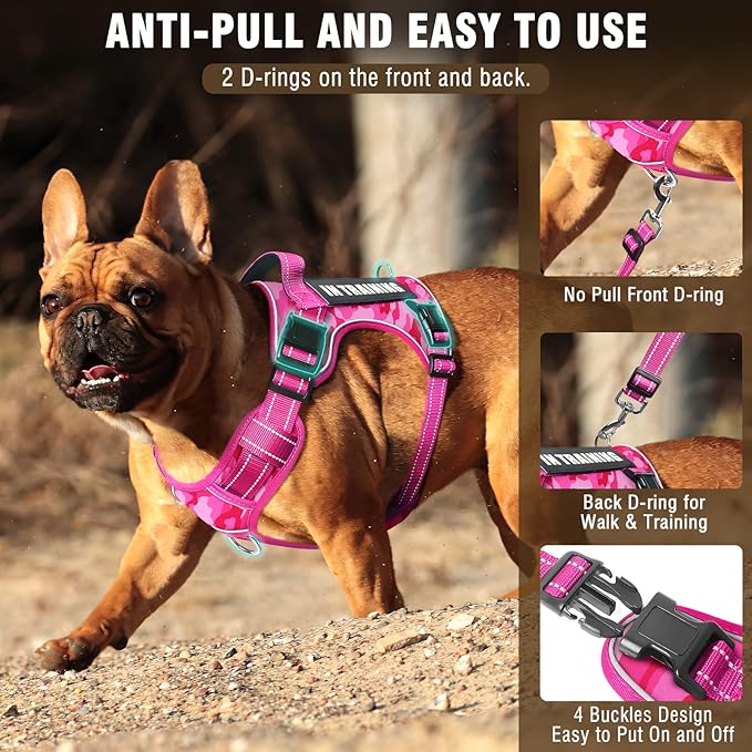 Tactical Dog Harness and Leash Set Small Sized Dog,Heavy Duty No Pull Service Dog Vest and 10 Patches with Dog Seat Belt,Reflective Pet Harness for Training Walking Hiking Camo Pink S