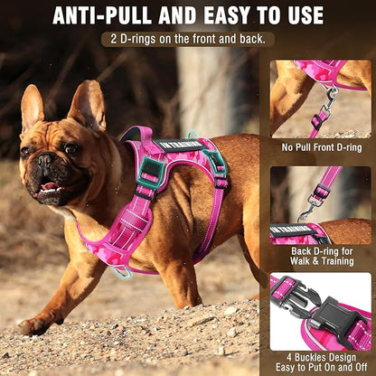 Tactical Dog Harness and Leash Set Small Sized Dog,Heavy Duty No Pull Service Dog Vest and 10 Patches with Dog Seat Belt,Reflective Pet Harness for Training Walking Hiking Camo Pink S