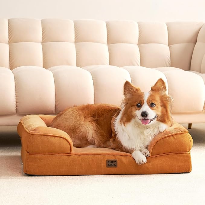 EHEYCIGA Orthopedic Dog Beds for Large Dogs, Waterproof Memory Foam Large Dog Bed with Sides, Non-Slip Bottom and Egg-Crate Foam Pet Couch Bed with Washable Removable Cover,Pumpkin Orange