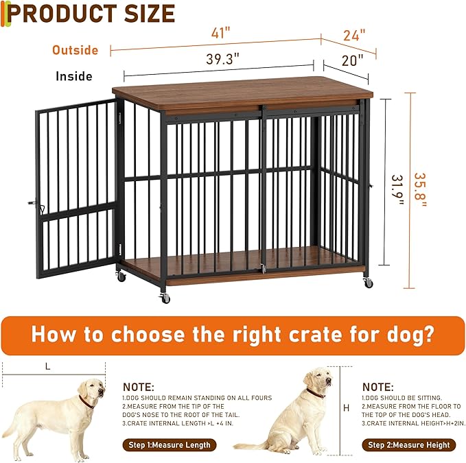 Cofiyard Dog Crate Furniture, 42’’ Wooden Dog Kennel Indoor with Sliding Front Door, Multi-Side Openings & Feeding Window Pet Cage House as TV Stand