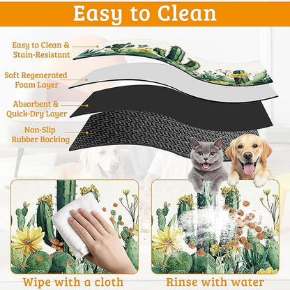 Tropical Cactuses Feeding Mat,Blooming Succulents Absorbent Quick-Dry Cat Dog Food and Water Bowl Mats,Non-Slip Rubber Backing Mat,Cat Dog Accessories Supplies 16" x 24"