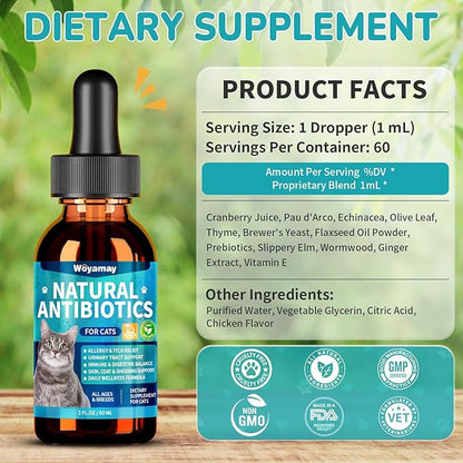 Woyamay Antibiotics for Cats, Natural Antibiotic for Allergy Relief, Urinary Tract Health, Itch Relief & Digestion Care, Cat Allergy Relief for Cats, Cat Immune Support Supplement, 4 Fl Oz