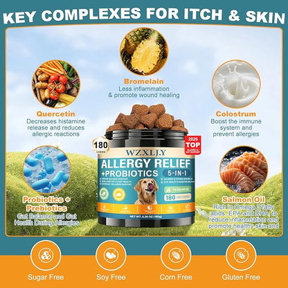 Dog Allergy Chews, Allergy Immune Bites for Dogs, Itching Skin Relief, Itchy Ears, Anti Itch, Paw Licking Treatment, Seasonal Allergies, Dog Probiotics for Digestive Health & Gut Health, 180 Chews