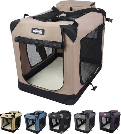 EliteField 3-Door Folding Soft Dog Crate with Carrying Bag and Fleece Bed (2 Year Warranty), Indoor & Outdoor Pet Home (24" L x 18" W x 21" H, Khaki)