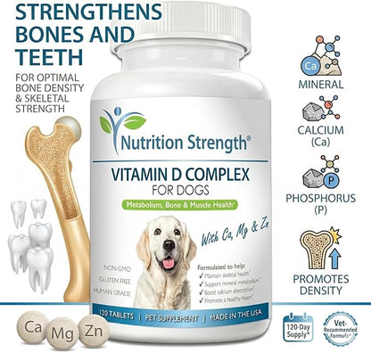 Vitamin D for Dogs with Calcium, Magnesium and Zinc to Support Strong Teeth, Bones and Muscles, Promote Mineral Metabolism and a Healthy Immune Function, 120 Chewable Tablets
