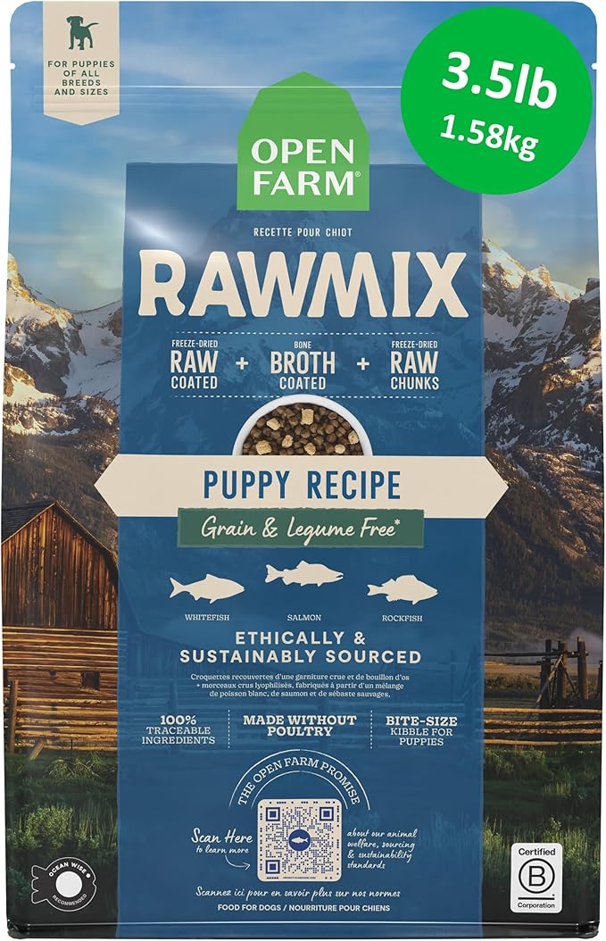 Open Farm, RawMix Grain-Free Dry Puppy Food, Protein-Packed Kibble Coated in Bone Broth with Freeze Dried Raw Chunks, Wild Caught Fish, Puppy Recipe, 3.5lb Bag