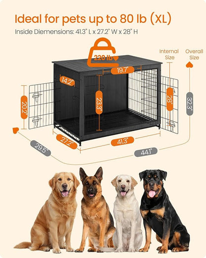 Feandrea 44.1" Dog Crate Furniture, Indoor Dog Cage Side End Table, XL Pet Wood Kennel for Large and Medium Dogs up to 80 lb with Multi-Purpose Removable Tray, Double-Door Pet House, Ink Black