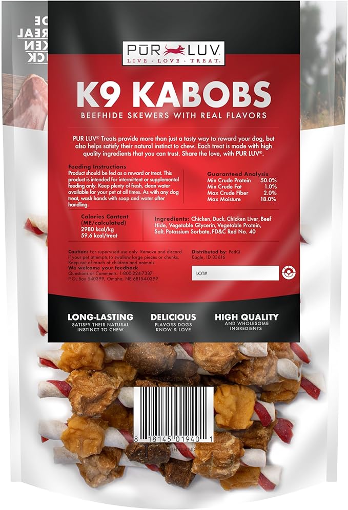 Pur Luv Dog Treats, K9 Kabobs Made with Real Chicken and Duck, 12 Ounces, Dog Snacks, Healthy, Easily Digestible, Long-Lasting, High Protein Treat, Satisfies Urge to Chew