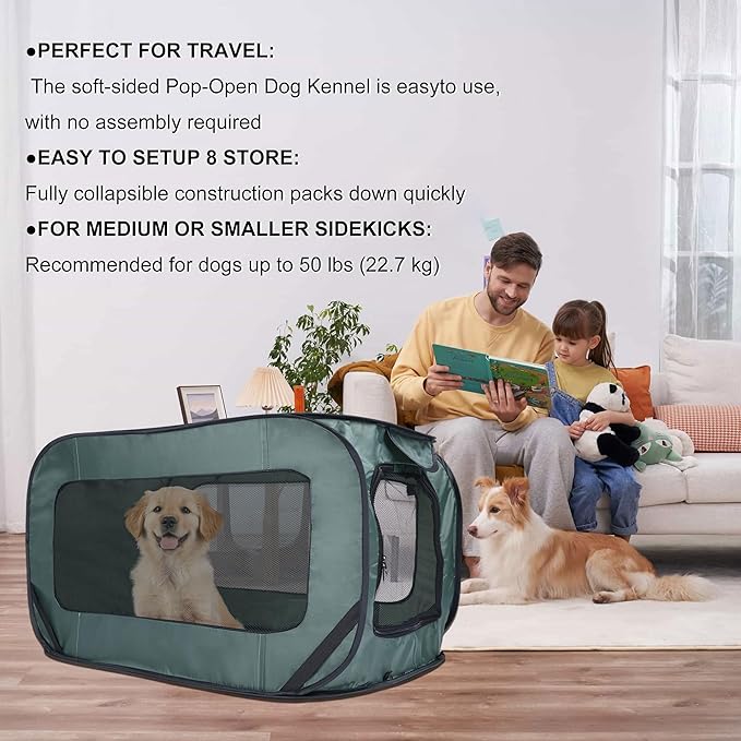 Foldable Dog Kennel for Medium Dogs 36-inch, Portable Waterproof Dog Crate, Pop-Up Indoor/Outdoor Pet Cage & Car Seat Travel Bed (Green)