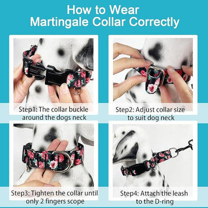 Martingale Collar for Dogs Pink Floral Dog Collar for Large Dogs with Buckle Girl Female Soft Nylon Dog Collars (Black Pink Rose, L)