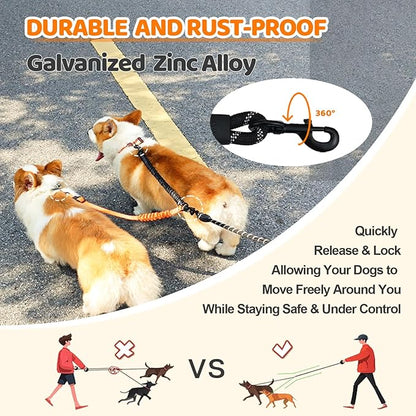 Double Dog Leash - 360°Swivel Tangle Free Splitter Attachment, 2 Dogs Multi-Functional Leashes, Dual Rope for Outdoor Walk Train Small Medium Large Two Pet, Orange