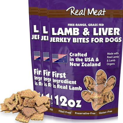 Real Meat Dog Treats - Three 12oz Bag of Bite-Sized Air-Dried Lamb & Liver Jerky for Dogs - Grain-Free Jerky Dog Treats Made up of 95% Quality, Free-Range, Grass Fed Lamb - All-Natural Dog Treats