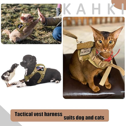 Tactical Dog Harness with Leash Tactical Puppy Vest with Rubber Handle K9 Military Adjustable Pet Harness for Outdoor Training XS Dog Harness (Brown Harness with Leash)
